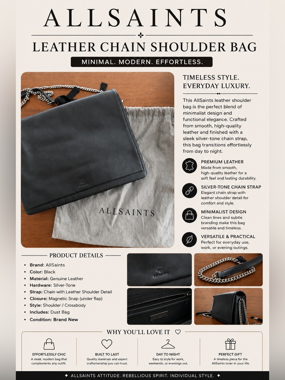 AllSaints Black Leather Chain Shoulder Bag with Silver Chain